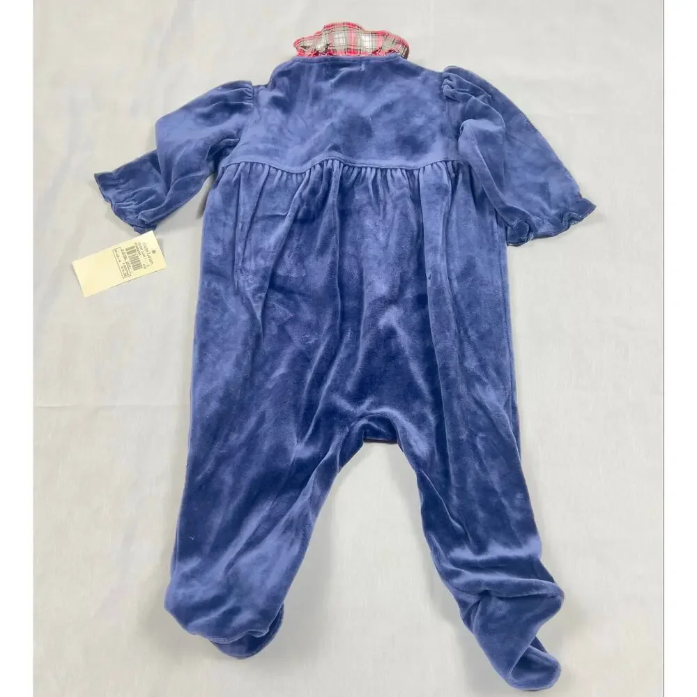 Vintage Ralph Lauren Baby 9M Navy Velour Footed Onesie Plaid Holiday NWT Y2K